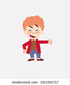 White boy in jeans showing something in an optimistic and positive attitude.																									