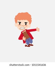 White boy in jeans shows very angry something to his left.																									