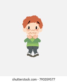 White boy in jeans shrugged in fear.																									
