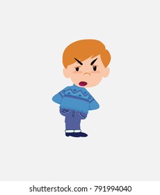 White boy in jeans is slightly angry.																									