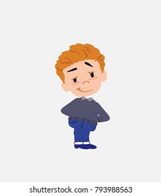 White boy in jeans smiling peacefully.																									