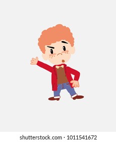 White boy in jeans something angry shows something to his right.																									