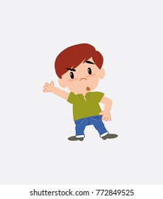 White boy in jeans something angry shows something to his right.
