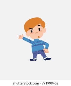 White boy in jeans something angry shows something to his right.																									