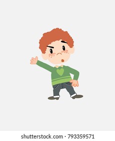 White boy in jeans something angry shows something to his right.																									