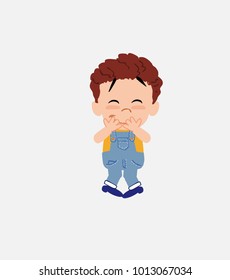 White boy in jeans trying to contain the laughter.																									