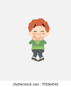 White boy in jeans trying to contain the laughter.																									