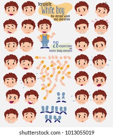 White boy in jeans. Twenty eight expressions and basics body elements, template for design work and animation. Vector illustration to Isolated and funny cartoon character.																									