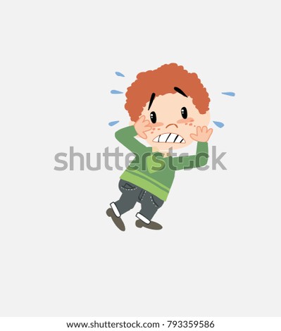 White boy in jeans very alarmed takes the hands to the head.																									