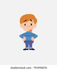 White boy in jeans in waiting attitude with funny expression.																									