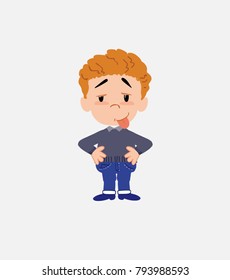 White boy in jeans in waiting attitude with funny expression.																									