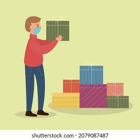 Un niño blanco, un hombre en las manos con un suéter rojo y una caja en las manos pone regalos en un montón. Ilustración vectorial plana que representa la celebración del año nuevo del coronavirus.