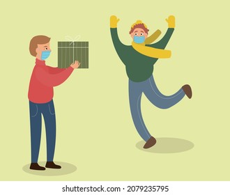 Un niño blanco, un hombre en las manos con un suéter rojo y una caja en las manos pone regalos en un montón. Ilustración vectorial plana que representa la celebración del año nuevo del coronavirus.