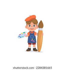 a white boy painter with apron and big painting brush, illustration cartoon character vector design on white blackground.