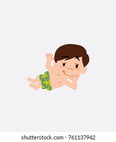 White boy in a swimsuit lying, greets with a dreamy expression.