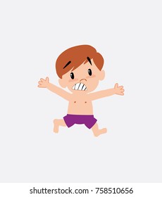 White boy in a swimsuit running terrified.

