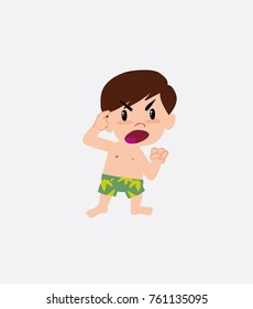 White boy in a swimsuit screams angry in aggressive attitude.
