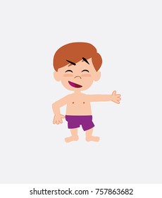 White boy in a swimsuit showing something in an optimistic and positive attitude.