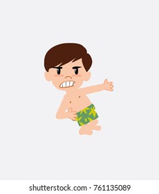 White boy in a swimsuit shows very angry something to his left.