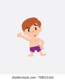 White boy in a swimsuit something angry shows something to his right.