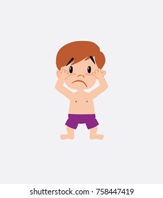 White boy in a swimsuit, surprised.