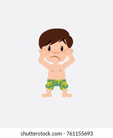 White boy in a swimsuit, surprised.
