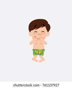 White boy in a swimsuit trying to contain the laughter.
