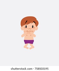 White boy in a swimsuit very alarmed takes the hands to the head.
