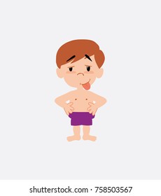 White boy in a swimsuit in waiting attitude with funny expression.
