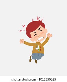 White boy with a unicorn pullover jumps angry.		