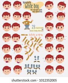 White boy with a unicorn pullover. Twenty eight expressions and basics body elements, template for design work and animation. 