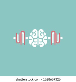 White brain with books stack as dumbbells  icon. Intellect, phsychology, knowledge simple pictogram isolated on blue. flat vector illustration. Creative  brain train logo
