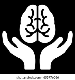 White Brain Care Hands toolbar pictogram. Vector pictograph style is a flat symbol on diagonal hatch transparent background.