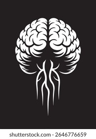 Logotipo de cérebro branco em Extreme Chiaroscuro - Ilustração minimalista gótica escura sobre fundo preto. Uma impressionante ilustração vetorial branco sobre preto apresentando um cérebro humano esculpido.