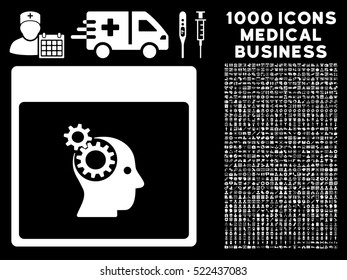 White Brain Wheels Calendar Page vector icon with 1000 medical business pictograms. Set style is flat symbols, white color, black background.