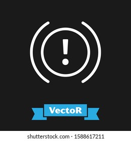 White Brake system warning icon isolated on black background. Exclamation mark in the car. Dashboard attention sign.  Vector Illustration