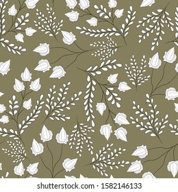 White branches with blossoms on the olive background. Vector seamless pattern. Cute romantic design.
