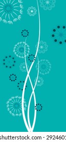 White branches with dandelions & flowers, turquoise background, vector illustration