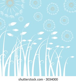 White branches with dandelions, sky blue background, vector illustration