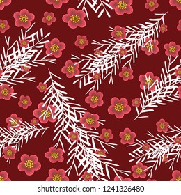 white branches with floral ornament over a dark red color