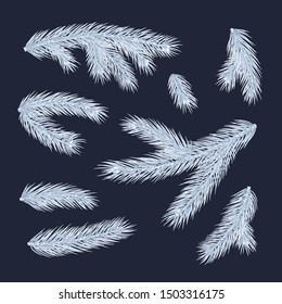 White branches of frosty christmas tree isolated on dark background. Merry Christmas and Happy New Year decorations. Realistic snowy pine tree branches set vector illustration. Conifer plant elements.