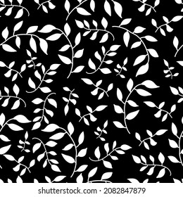 White branches with leaves on a black background. Vector seamless pattern with white branches.