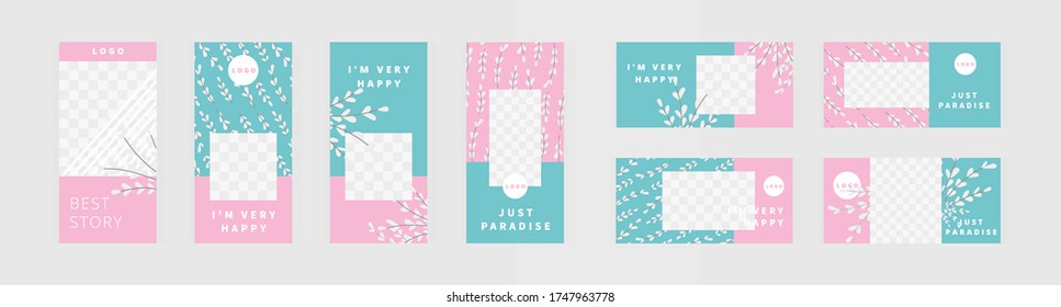 Ramas blancas de plantas, plantilla rosa. Conjunto de banners verticales y horizontales para el diseño de redes sociales, historia e impresión con ventanas para imágenes. 
