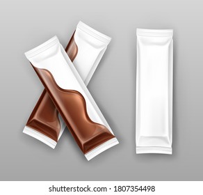 White branded blank plastic or foil for sweets. Food product template packages realistic vector set isolated on grey background. Design of packaging for snacks - chocolate, biscuits, candy, bars.