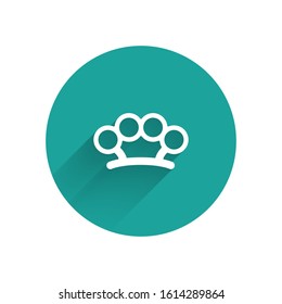 White Brass knuckles icon isolated with long shadow. Green circle button. Vector Illustration
