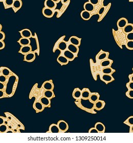 White brass knuckles on dark blue background - vintage seamless pattern