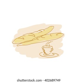white bread, a baguette and a cup of coffee with steam. bakery products. hand drawing sketch