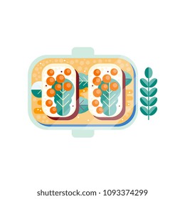 White bread with butter, red caviar and green leaf. Delicious sandwiches on plate. Seafood theme. Abstract flat vector design with texture