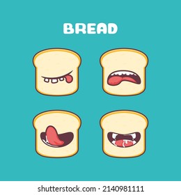 Caricatura de pan blanco. ilustración de vector alimentario. con diferentes expresiones de boca. tira cómica