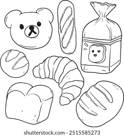 White bread food sketch separated on white. Vector drawing of White, usually known in Europe, America. Food illustration series - set of black handrawn bread isolated on white background